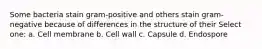 Some bacteria stain gram-positive and others stain gram-negative because of differences in the structure of their Select one: a. Cell membrane b. Cell wall c. Capsule d. Endospore