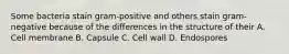 Some bacteria stain gram-positive and others stain gram-negative because of the differences in the structure of their A. Cell membrane B. Capsule C. Cell wall D. Endospores