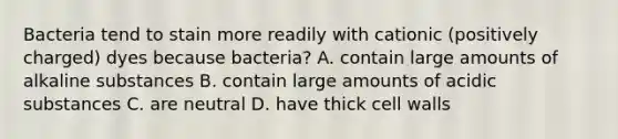 Bacteria tend to stain more readily with cationic (positively charged) dyes because bacteria? A. contain large amounts of alkaline substances B. contain large amounts of acidic substances C. are neutral D. have thick cell walls