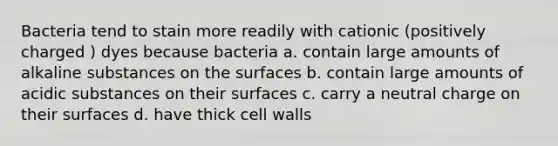 Bacteria tend to stain more readily with cationic (positively charged ) dyes because bacteria a. contain large amounts of alkaline substances on the surfaces b. contain large amounts of acidic substances on their surfaces c. carry a neutral charge on their surfaces d. have thick cell walls