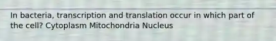 In bacteria, <a href='https://www.questionai.com/knowledge/kWsjwWywkN-transcription-and-translation' class='anchor-knowledge'>transcription and translation</a> occur in which part of the cell? Cytoplasm Mitochondria Nucleus