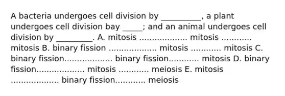 A bacteria undergoes <a href='https://www.questionai.com/knowledge/kjHVAH8Me4-cell-division' class='anchor-knowledge'>cell division</a> by __________, a plant undergoes cell division bay _____; and an animal undergoes cell division by _________. A. mitosis ................... mitosis ............ mitosis B. binary fission ................... mitosis ............ mitosis C. binary fission................... binary fission............ mitosis D. binary fission................... mitosis ............ meiosis E. mitosis ................... binary fission............ meiosis