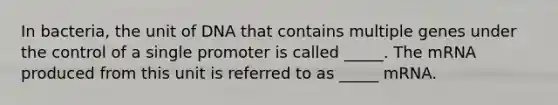 In bacteria, the unit of DNA that contains multiple genes under the control of a single promoter is called _____. The mRNA produced from this unit is referred to as _____ mRNA.