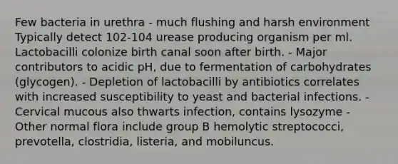 Few bacteria in urethra - much flushing and harsh environment Typically detect 102-104 urease producing organism per ml. Lactobacilli colonize birth canal soon after birth. - Major contributors to acidic pH, due to fermentation of carbohydrates (glycogen). - Depletion of lactobacilli by antibiotics correlates with increased susceptibility to yeast and bacterial infections. - Cervical mucous also thwarts infection, contains lysozyme - Other normal flora include group B hemolytic streptococci, prevotella, clostridia, listeria, and mobiluncus.