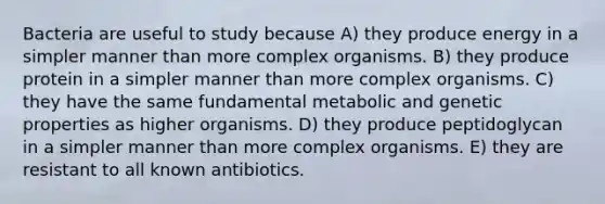 Bacteria are useful to study because A) they produce energy in a simpler manner than more complex organisms. B) they produce protein in a simpler manner than more complex organisms. C) they have the same fundamental metabolic and genetic properties as higher organisms. D) they produce peptidoglycan in a simpler manner than more complex organisms. E) they are resistant to all known antibiotics.