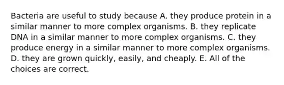 Bacteria are useful to study because A. they produce protein in a similar manner to more complex organisms. B. they replicate DNA in a similar manner to more complex organisms. C. they produce energy in a similar manner to more complex organisms. D. they are grown quickly, easily, and cheaply. E. All of the choices are correct.