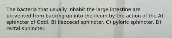 The bacteria that usually inhabit the large intestine are prevented from backing up into the ileum by the action of the A) sphincter of Oddi. B) ileocecal sphincter. C) pyloric sphincter. D) rectal sphincter.