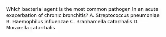 Which bacterial agent is the most common pathogen in an acute exacerbation of chronic bronchitis? A. Streptococcus pneumoniae B. Haemophilus influenzae C. Branhamella catarrhalis D. Moraxella catarrhalis