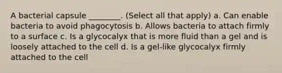 A bacterial capsule ________. (Select all that apply) a. Can enable bacteria to avoid phagocytosis b. Allows bacteria to attach firmly to a surface c. Is a glycocalyx that is more fluid than a gel and is loosely attached to the cell d. Is a gel-like glycocalyx firmly attached to the cell