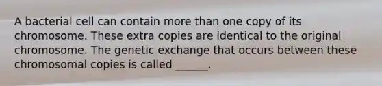 A bacterial cell can contain more than one copy of its chromosome. These extra copies are identical to the original chromosome. The genetic exchange that occurs between these chromosomal copies is called ______.