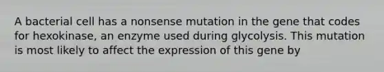 A bacterial cell has a nonsense mutation in the gene that codes for hexokinase, an enzyme used during glycolysis. This mutation is most likely to affect the expression of this gene by