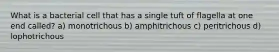 What is a bacterial cell that has a single tuft of flagella at one end called? a) monotrichous b) amphitrichous c) peritrichous d) lophotrichous