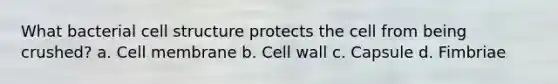 What bacterial cell structure protects the cell from being crushed? a. Cell membrane b. Cell wall c. Capsule d. Fimbriae