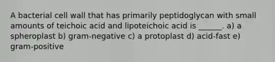 A bacterial cell wall that has primarily peptidoglycan with small amounts of teichoic acid and lipoteichoic acid is ______. a) a spheroplast b) gram-negative c) a protoplast d) acid-fast e) gram-positive