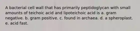 A bacterial cell wall that has primarily peptidoglycan with small amounts of teichoic acid and lipoteichoic acid is a. gram negative. b. gram positive. c. found in archaea. d. a spheroplast. e. acid fast.