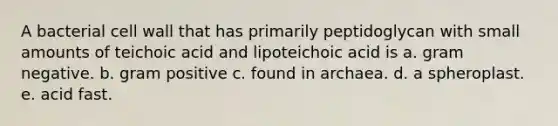 A bacterial cell wall that has primarily peptidoglycan with small amounts of teichoic acid and lipoteichoic acid is a. gram negative. b. gram positive c. found in archaea. d. a spheroplast. e. acid fast.