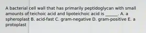 A bacterial cell wall that has primarily peptidoglycan with small amounts of teichoic acid and lipoteichoic acid is ______. A. a spheroplast B. acid-fast C. gram-negative D. gram-positive E. a protoplast