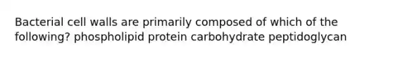 Bacterial cell walls are primarily composed of which of the following? phospholipid protein carbohydrate peptidoglycan