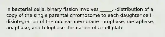 In bacterial cells, binary fission involves _____. -distribution of a copy of the single parental chromosome to each daughter cell -disintegration of the nuclear membrane -prophase, metaphase, anaphase, and telophase -formation of a cell plate