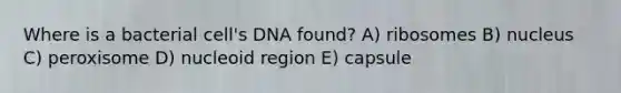 Where is a bacterial cell's DNA found? A) ribosomes B) nucleus C) peroxisome D) nucleoid region E) capsule