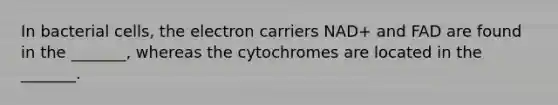 In bacterial cells, the electron carriers NAD+ and FAD are found in the _______, whereas the cytochromes are located in the _______.