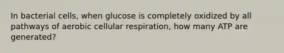 In bacterial cells, when glucose is completely oxidized by all pathways of aerobic cellular respiration, how many ATP are generated?