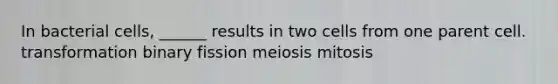 In bacterial cells, ______ results in two cells from one parent cell. transformation binary fission meiosis mitosis