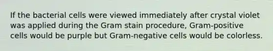 If the bacterial cells were viewed immediately after crystal violet was applied during the Gram stain procedure, Gram-positive cells would be purple but Gram-negative cells would be colorless.