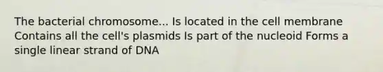 The bacterial chromosome... Is located in the cell membrane Contains all the cell's plasmids Is part of the nucleoid Forms a single linear strand of DNA