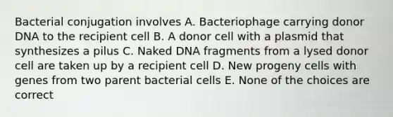 Bacterial conjugation involves A. Bacteriophage carrying donor DNA to the recipient cell B. A donor cell with a plasmid that synthesizes a pilus C. Naked DNA fragments from a lysed donor cell are taken up by a recipient cell D. New progeny cells with genes from two parent bacterial cells E. None of the choices are correct