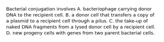 Bacterial conjugation involves A. bacteriophage carrying donor DNA to the recipient cell. B. a donor cell that transfers a copy of a plasmid to a recipient cell through a pilus. C. the take-up of naked DNA fragments from a lysed donor cell by a recipient cell. D. new progeny cells with genes from two parent bacterial cells.