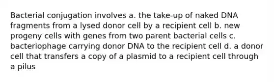 Bacterial conjugation involves a. the take-up of naked DNA fragments from a lysed donor cell by a recipient cell b. new progeny cells with genes from two parent bacterial cells c. bacteriophage carrying donor DNA to the recipient cell d. a donor cell that transfers a copy of a plasmid to a recipient cell through a pilus