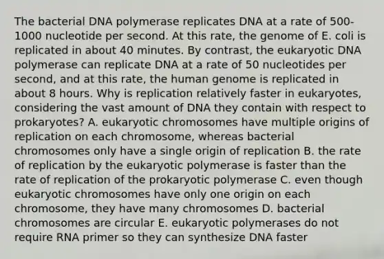 The bacterial DNA polymerase replicates DNA at a rate of 500-1000 nucleotide per second. At this rate, the genome of E. coli is replicated in about 40 minutes. By contrast, the eukaryotic DNA polymerase can replicate DNA at a rate of 50 nucleotides per second, and at this rate, the <a href='https://www.questionai.com/knowledge/kaQqK73QV8-human-genome' class='anchor-knowledge'>human genome</a> is replicated in about 8 hours. Why is replication relatively faster in eukaryotes, considering the vast amount of DNA they contain with respect to prokaryotes? A. eukaryotic chromosomes have multiple origins of replication on each chromosome, whereas bacterial chromosomes only have a single origin of replication B. the rate of replication by the eukaryotic polymerase is faster than the rate of replication of the prokaryotic polymerase C. even though eukaryotic chromosomes have only one origin on each chromosome, they have many chromosomes D. bacterial chromosomes are circular E. eukaryotic polymerases do not require RNA primer so they can synthesize DNA faster