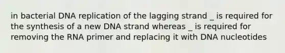 in bacterial DNA replication of the lagging strand _ is required for the synthesis of a new DNA strand whereas _ is required for removing the RNA primer and replacing it with DNA nucleotides