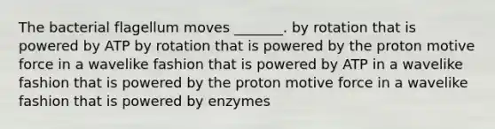 The bacterial flagellum moves _______. by rotation that is powered by ATP by rotation that is powered by the proton motive force in a wavelike fashion that is powered by ATP in a wavelike fashion that is powered by the proton motive force in a wavelike fashion that is powered by enzymes