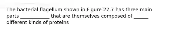 The bacterial flagellum shown in Figure 27.7 has three main parts ____________ that are themselves composed of ______ different kinds of proteins