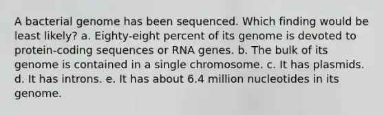 A bacterial genome has been sequenced. Which finding would be least likely? a. Eighty-eight percent of its genome is devoted to protein-coding sequences or RNA genes. b. The bulk of its genome is contained in a single chromosome. c. It has plasmids. d. It has introns. e. It has about 6.4 million nucleotides in its genome.