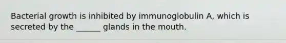 Bacterial growth is inhibited by immunoglobulin A, which is secreted by the ______ glands in <a href='https://www.questionai.com/knowledge/krBoWYDU6j-the-mouth' class='anchor-knowledge'>the mouth</a>.