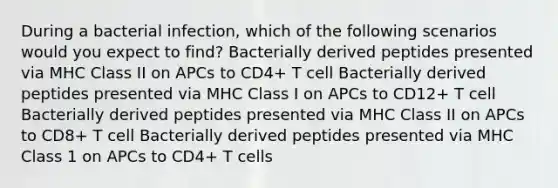 During a bacterial infection, which of the following scenarios would you expect to find? Bacterially derived peptides presented via MHC Class II on APCs to CD4+ T cell Bacterially derived peptides presented via MHC Class I on APCs to CD12+ T cell Bacterially derived peptides presented via MHC Class II on APCs to CD8+ T cell Bacterially derived peptides presented via MHC Class 1 on APCs to CD4+ T cells