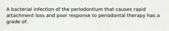 A bacterial infection of the periodontium that causes rapid attachment loss and poor response to periodontal therapy has a grade of: