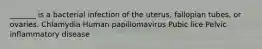 _______ is a bacterial infection of the uterus, fallopian tubes, or ovaries. Chlamydia Human papillomavirus Pubic lice Pelvic inflammatory disease