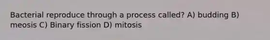 Bacterial reproduce through a process called? A) budding B) meosis C) Binary fission D) mitosis