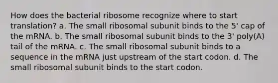 How does the bacterial ribosome recognize where to start translation? a. The small ribosomal subunit binds to the 5' cap of the mRNA. b. The small ribosomal subunit binds to the 3' poly(A) tail of the mRNA. c. The small ribosomal subunit binds to a sequence in the mRNA just upstream of the start codon. d. The small ribosomal subunit binds to the start codon.