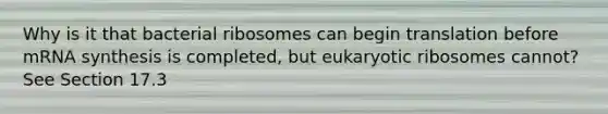 Why is it that bacterial ribosomes can begin translation before mRNA synthesis is completed, but eukaryotic ribosomes cannot? See Section 17.3