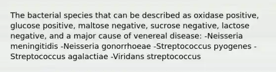 The bacterial species that can be described as oxidase positive, glucose positive, maltose negative, sucrose negative, lactose negative, and a major cause of venereal disease: -Neisseria meningitidis -Neisseria gonorrhoeae -Streptococcus pyogenes -Streptococcus agalactiae -Viridans streptococcus