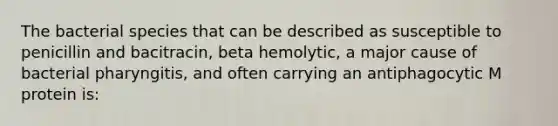 The bacterial species that can be described as susceptible to penicillin and bacitracin, beta hemolytic, a major cause of bacterial pharyngitis, and often carrying an antiphagocytic M protein is: