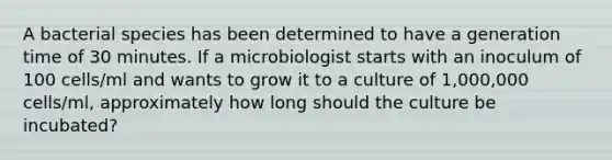 A bacterial species has been determined to have a generation time of 30 minutes. If a microbiologist starts with an inoculum of 100 cells/ml and wants to grow it to a culture of 1,000,000 cells/ml, approximately how long should the culture be incubated?