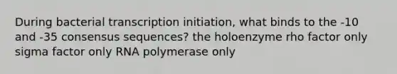 During bacterial transcription initiation, what binds to the -10 and -35 consensus sequences? the holoenzyme rho factor only sigma factor only RNA polymerase only