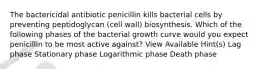 The bactericidal antibiotic penicillin kills bacterial cells by preventing peptidoglycan (cell wall) biosynthesis. Which of the following phases of the bacterial growth curve would you expect penicillin to be most active against? View Available Hint(s) Lag phase Stationary phase Logarithmic phase Death phase