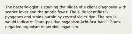 The bacteriologist is staining the slides of a client diagnosed with scarlet fever and rheumatic fever. The slide identifies S. pyogenes and stains purple by crystal violet dye. The result would indicate: Gram-positive organism Acid-fast bacilli Gram-negative organism Anaerobic organism